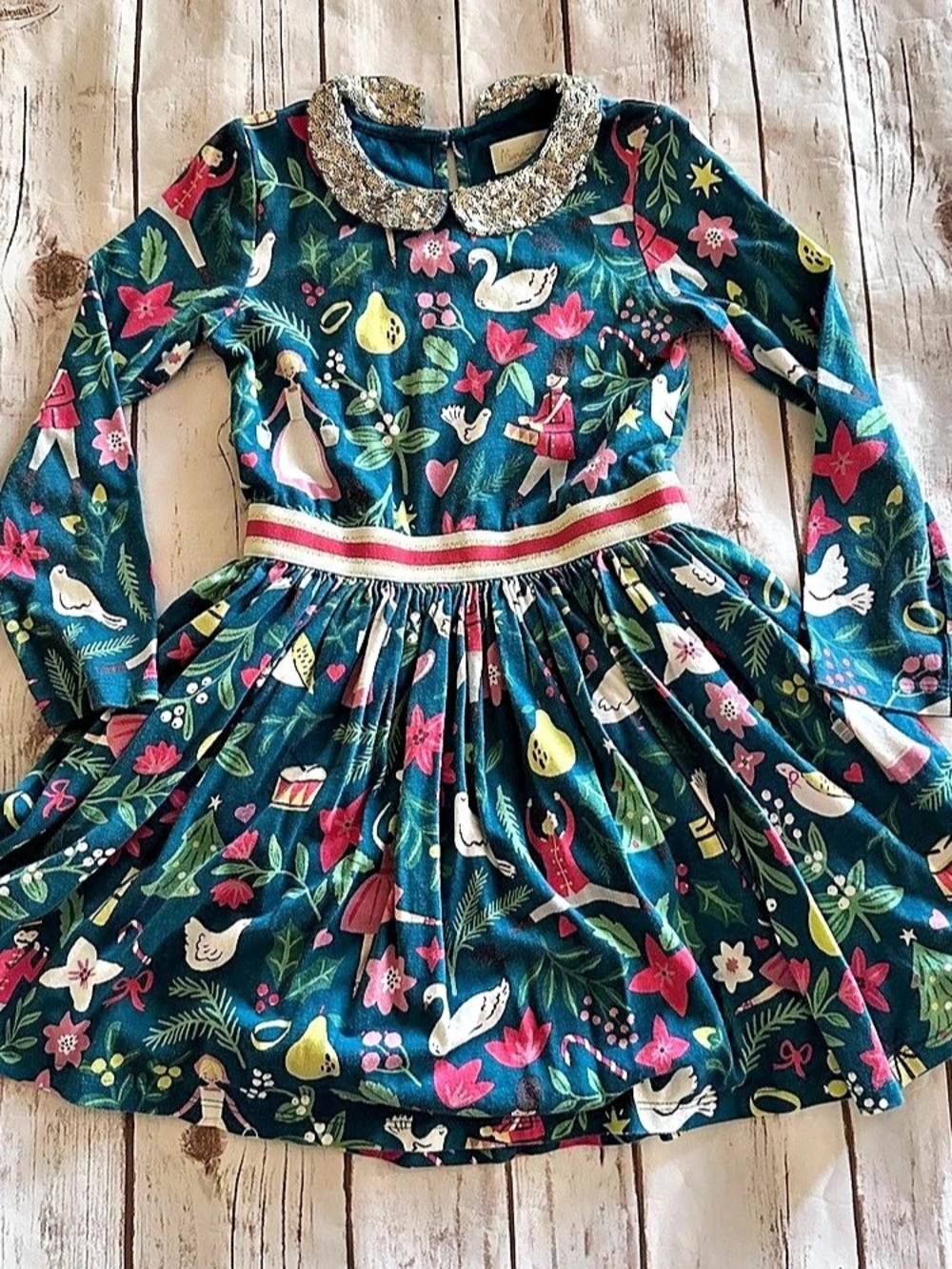 Mini Boden Christmas dress with gold sequin collar fair light ww fade 6/7